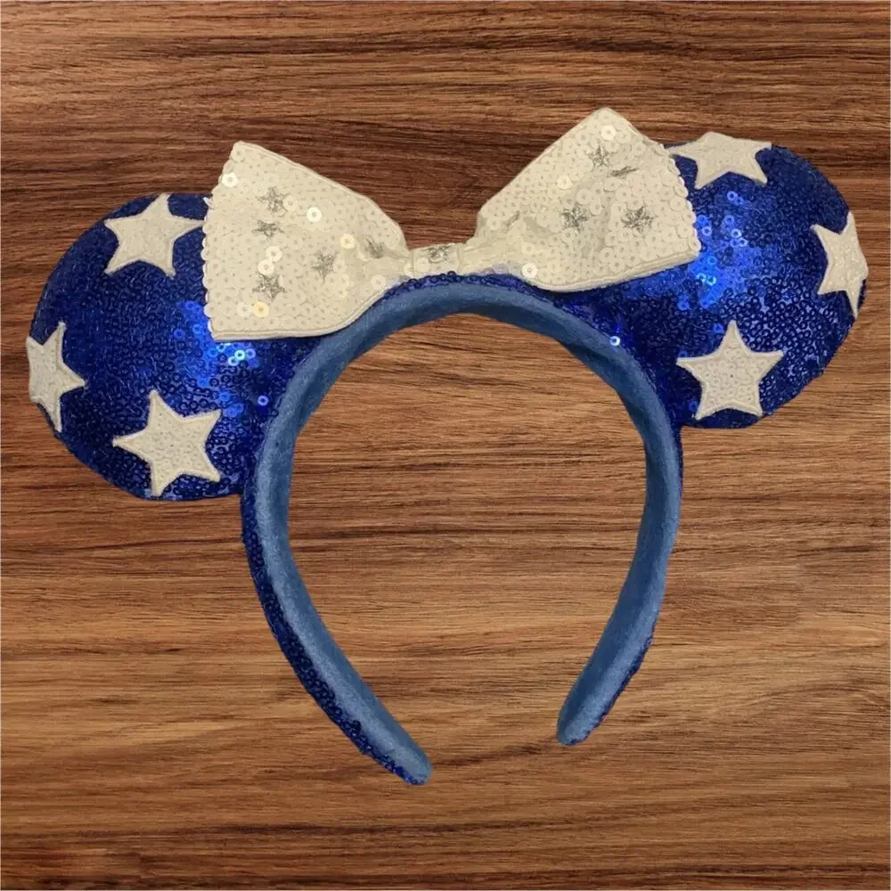 Disney Parks Patriotic Blue Sequin White Stars and Bow Minnie Ears Headband